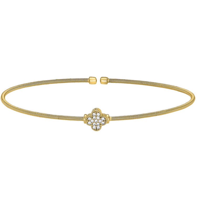 Gold finish sterling silver cable cuff bracelet with simulated diamond clover design