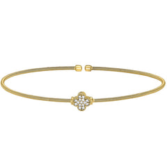 Gold finish sterling silver cable cuff bracelet with simulated diamond clover design