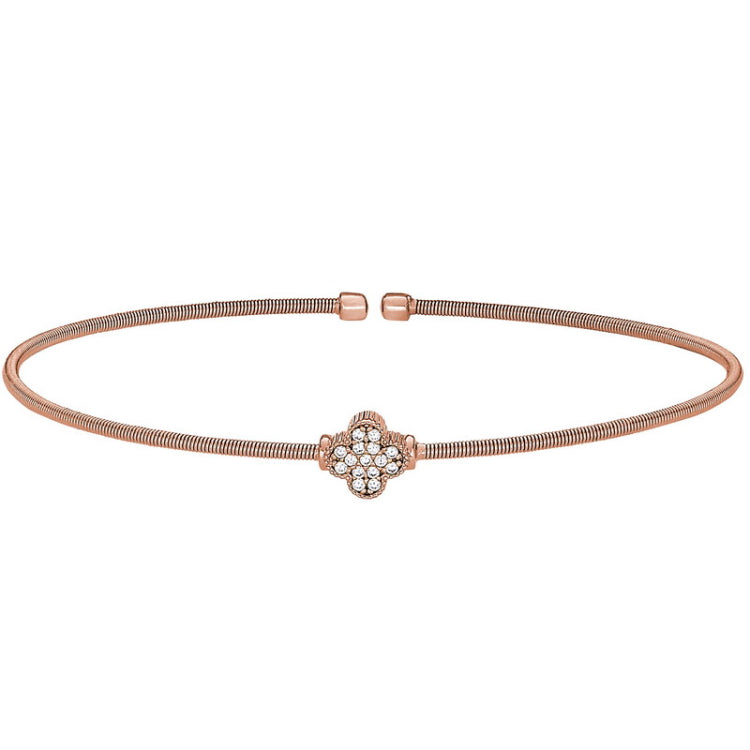 Rose gold finish sterling silver cable cuff bracelet with simulated diamond clover design
