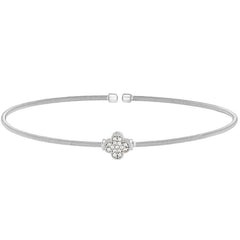 Rhodium finish sterling silver cable cuff bracelet with simulated diamond clover design