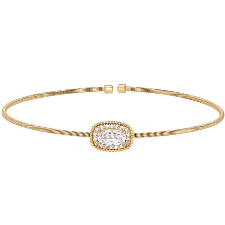 Gold finish sterling silver cable cuff bracelet with oval halo simulated diamonds