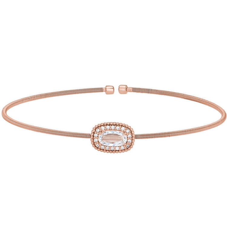 Rose gold finish sterling silver cable cuff bracelet with oval halo simulated diamonds