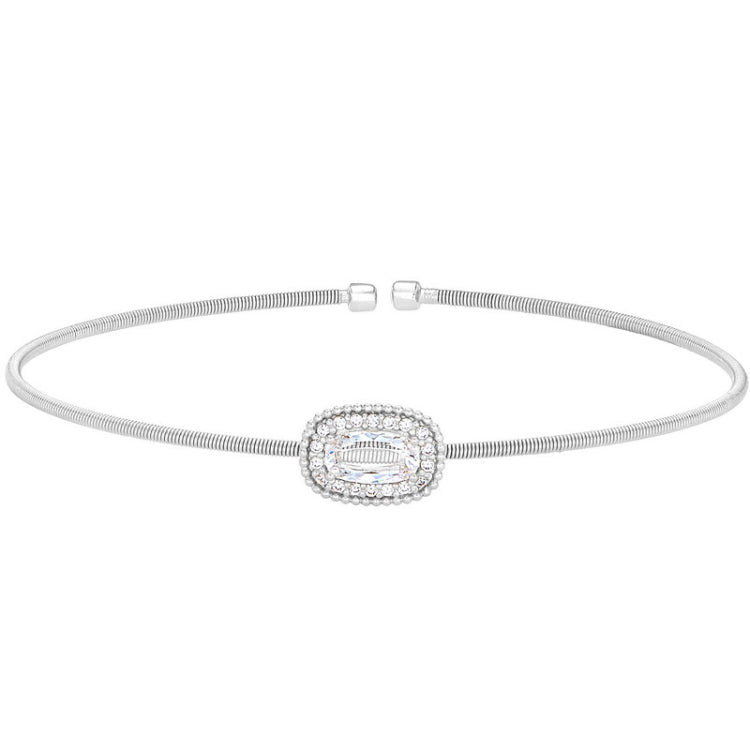 Rhodium finish sterling silver cable cuff bracelet with oval halo simulated diamonds