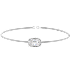 Rhodium finish sterling silver cable cuff bracelet with oval halo simulated diamonds