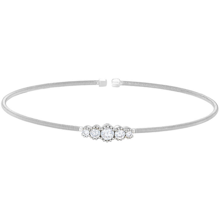 Rhodium finish sterling silver cable cuff bracelet with graduated five stone simulated diamonds
