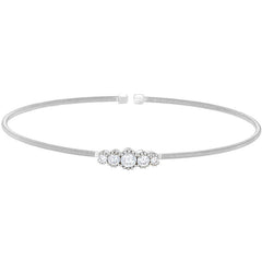 Rhodium finish sterling silver cable cuff bracelet with graduated five stone simulated diamonds