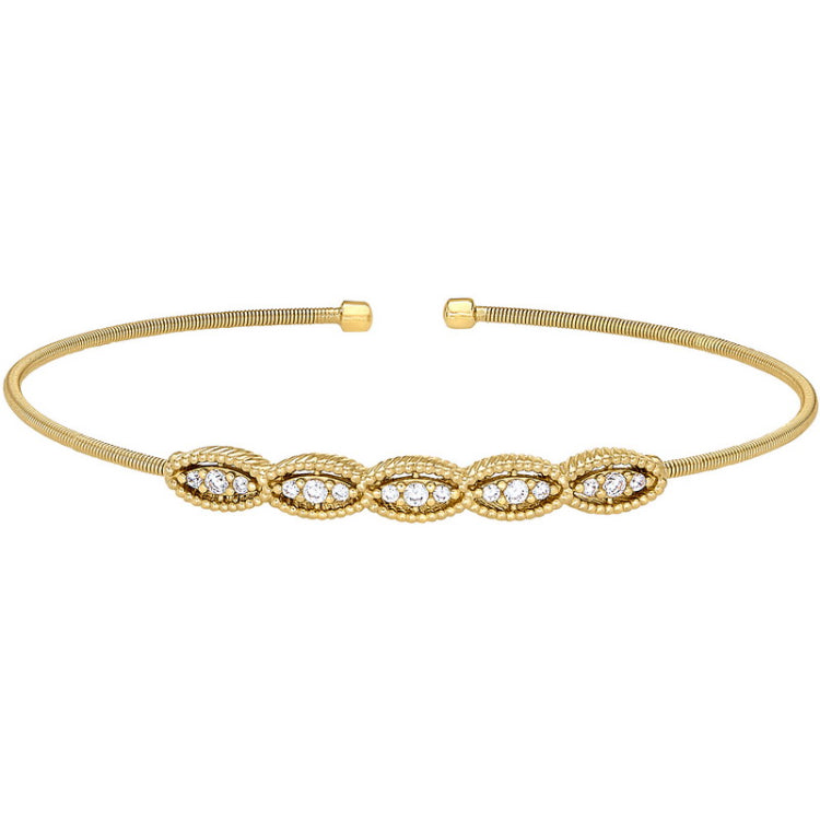 Gold finish sterling silver cable cuff bracelet with five simulated diamond marquise shapes
