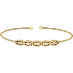 Gold finish sterling silver cable cuff bracelet with five simulated diamond marquise shapes