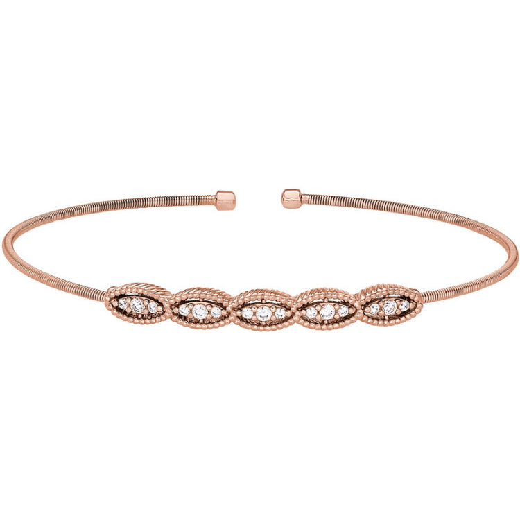 Rose gold finish sterling silver cable cuff bracelet with five simulated diamond marquise shapes