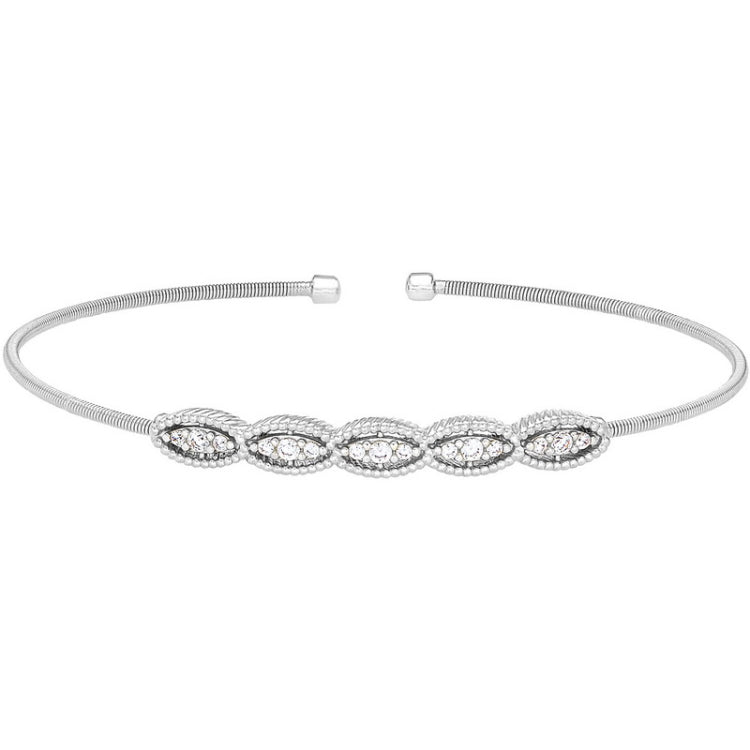 Rhodium finish sterling silver cable cuff bracelet with five simulated diamond marquise shapes