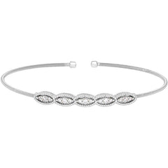 Rhodium finish sterling silver cable cuff bracelet with five simulated diamond marquise shapes
