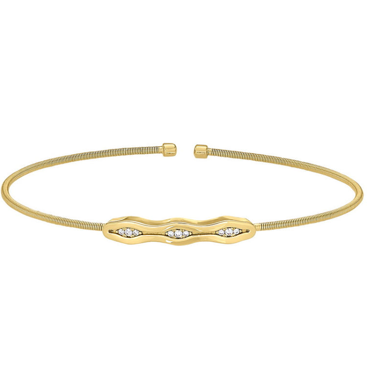 Gold Finish Sterling Silver Cable Cuff Bracelet with Simulated Diamonds & Polished Finish