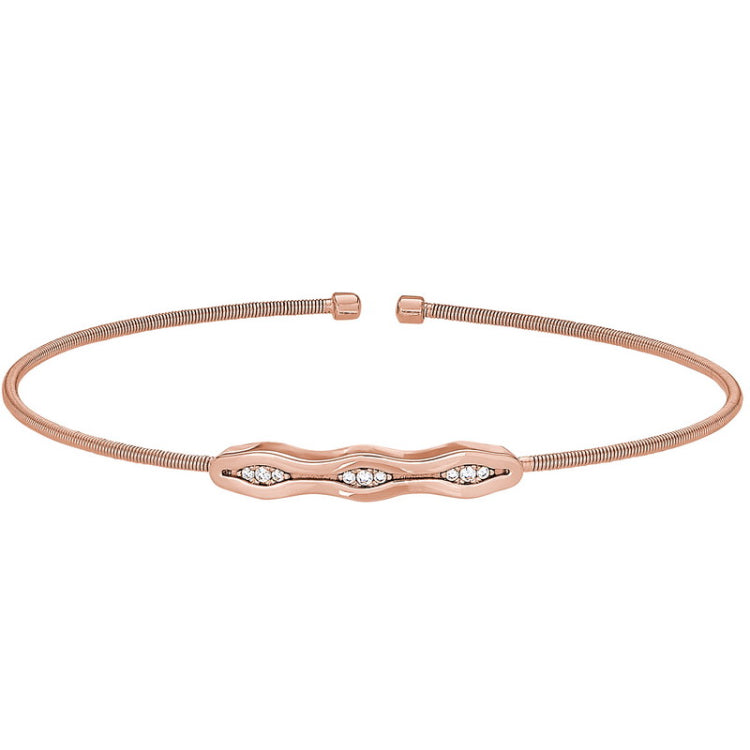 Rose Gold Finish Sterling Silver Cable Cuff Bracelet with Simulated Diamonds & Polished Finish