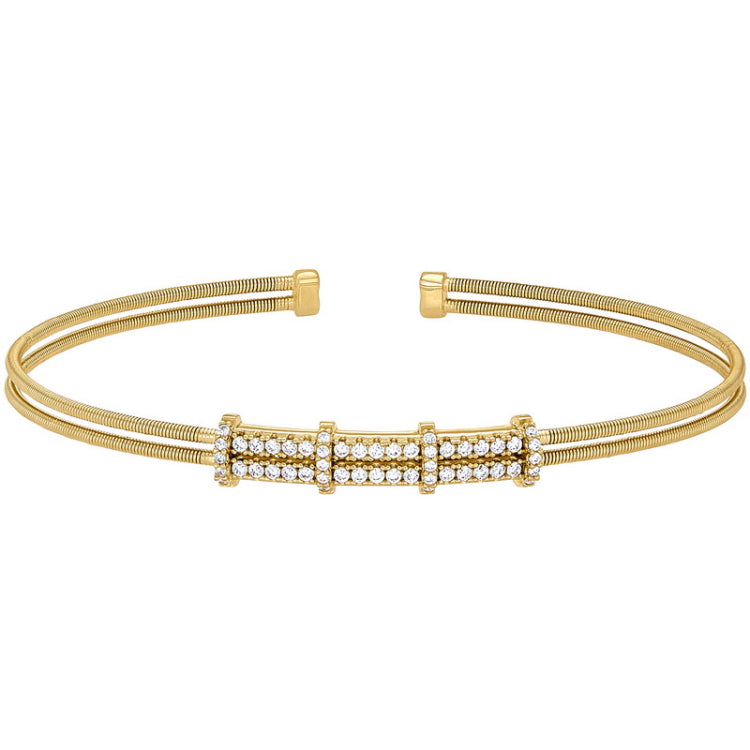 Gold finish sterling silver two cable cuff bracelet with two row simulated diamond pattern