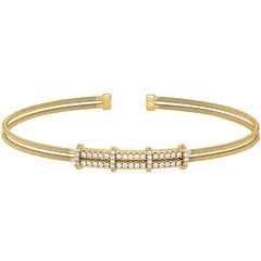 Gold finish sterling silver two cable cuff bracelet with two row simulated diamond pattern