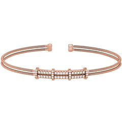 Rose gold finish sterling silver two cable cuff bracelet with two row simulated diamond pattern