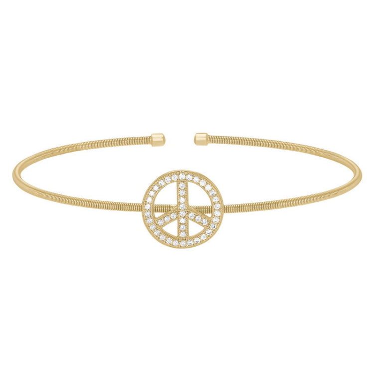 Gold Finish Sterling Silver Cable Cuff Peace Sign Bracelet with Simulated Diamonds