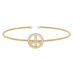 Gold Finish Sterling Silver Cable Cuff Peace Sign Bracelet with Simulated Diamonds