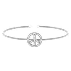Rhodium Finish Sterling Silver Cable Cuff Peace Sign Bracelet with Simulated Diamonds
