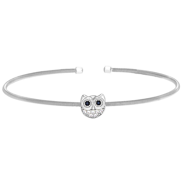 Rhodium Finish Sterling Silver Cable Cuff Owl Bracelet with Simulated Diamonds