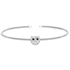 Rhodium Finish Sterling Silver Cable Cuff Owl Bracelet with Simulated Diamonds