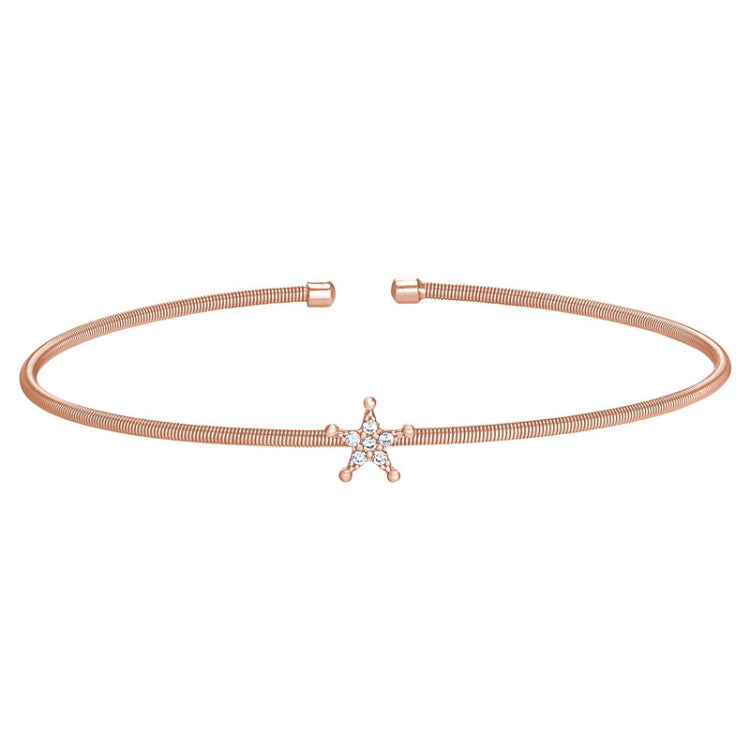 Rose Gold Finish Sterling Silver Cable Cuff Star Bracelet with Simulated Diamonds