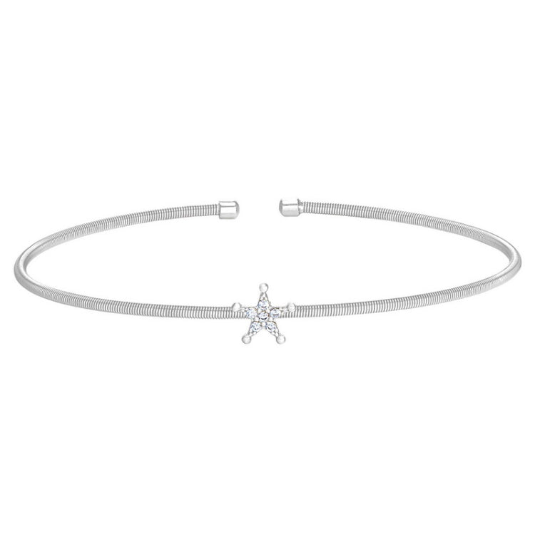 Rhodium Finish Sterling Silver Cable Cuff Star Bracelet with Simulated Diamonds