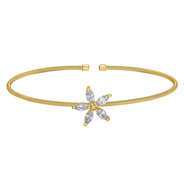 Gold Finish Sterling Silver Cable Cuff Flower Bracelet with Simulated Diamonds