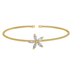 Gold Finish Sterling Silver Cable Cuff Flower Bracelet with Simulated Diamonds