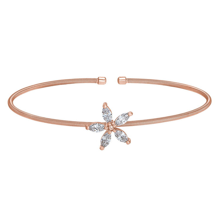 Rose Gold Finish Sterling Silver Cable Cuff Flower Bracelet with Simulated Diamonds
