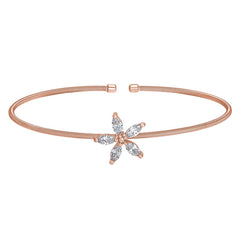 Rose Gold Finish Sterling Silver Cable Cuff Flower Bracelet with Simulated Diamonds