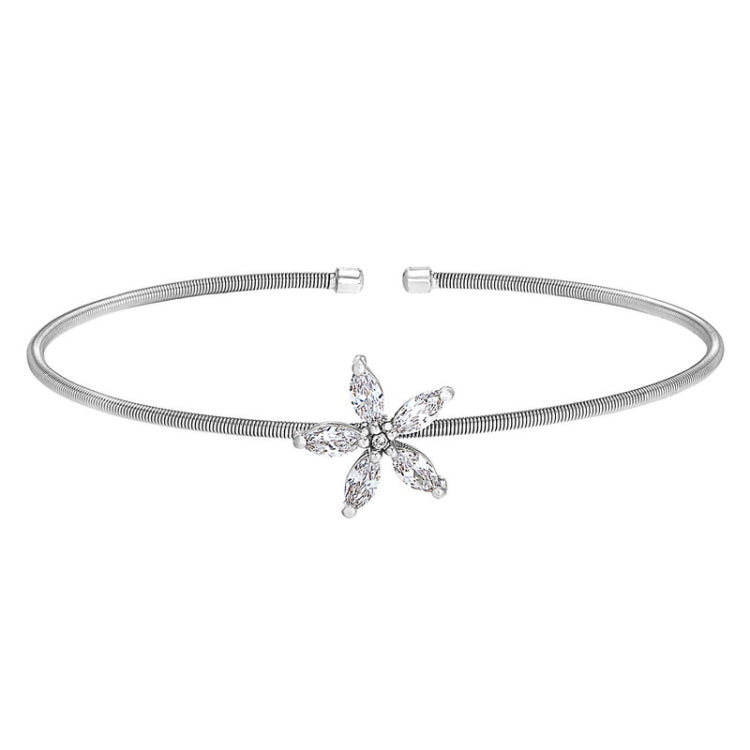 Rhodium Finish Sterling Silver Cable Cuff Flower Bracelet with Simulated Diamonds