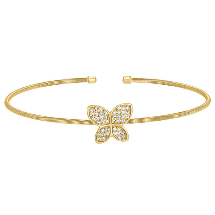 Gold finish sterling silver cable cuff butterfly bracelet with simulated diamonds