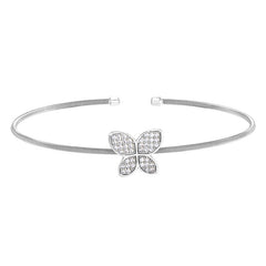Rhodium finish sterling silver cable cuff butterfly bracelet with simulated diamonds
