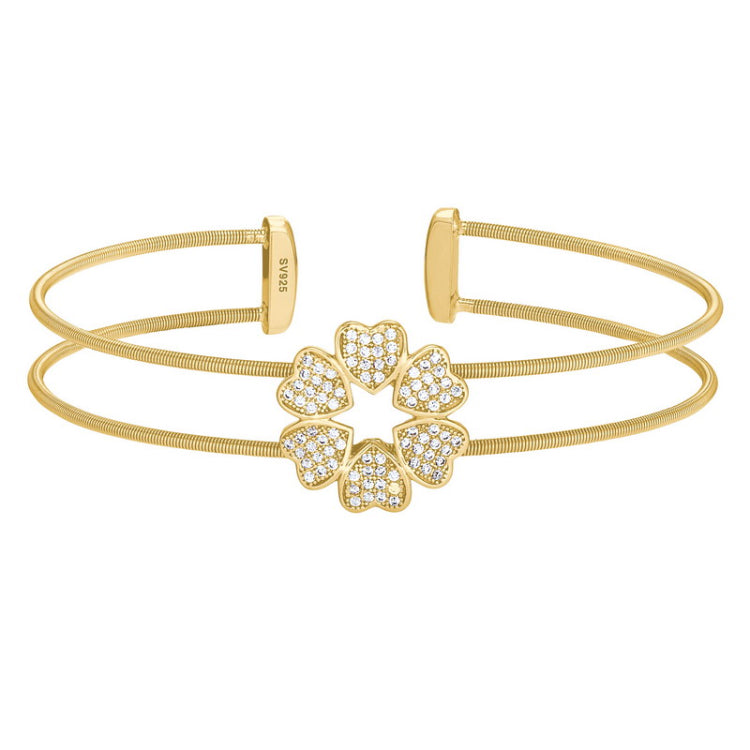 Gold Finish Sterling Silver Two Cable Cuff 5 Hearts Bracelet with Simulated Diamonds