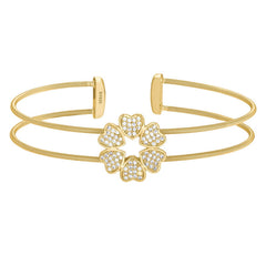 Gold Finish Sterling Silver Two Cable Cuff 5 Hearts Bracelet with Simulated Diamonds