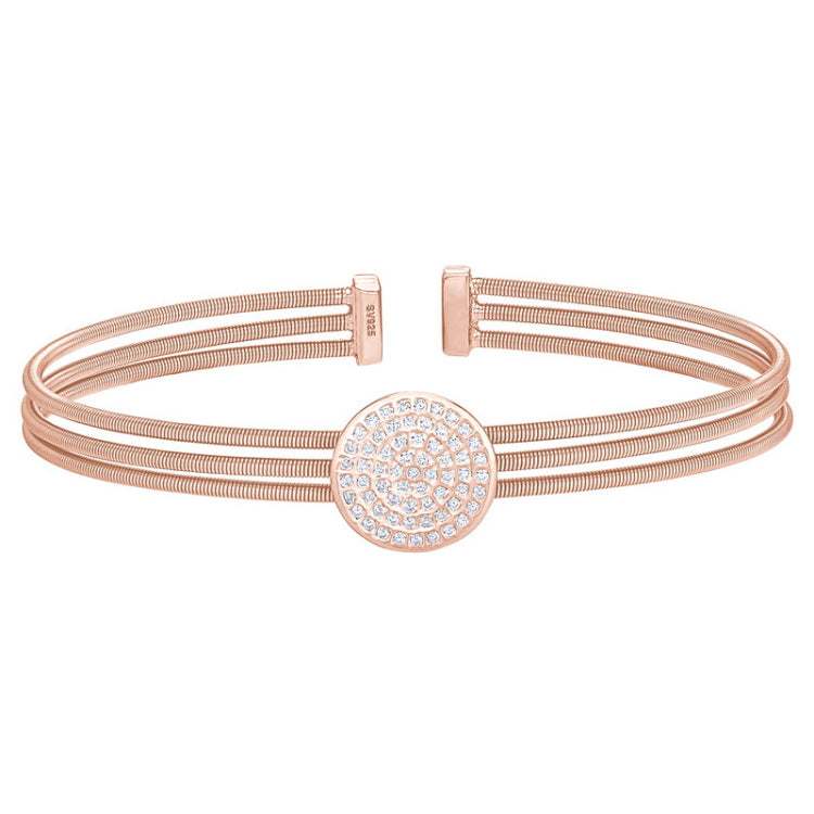 Rose Gold Finish Sterling Silver Three Cable Cuff One Circle Bracelet with Simulated Diamonds