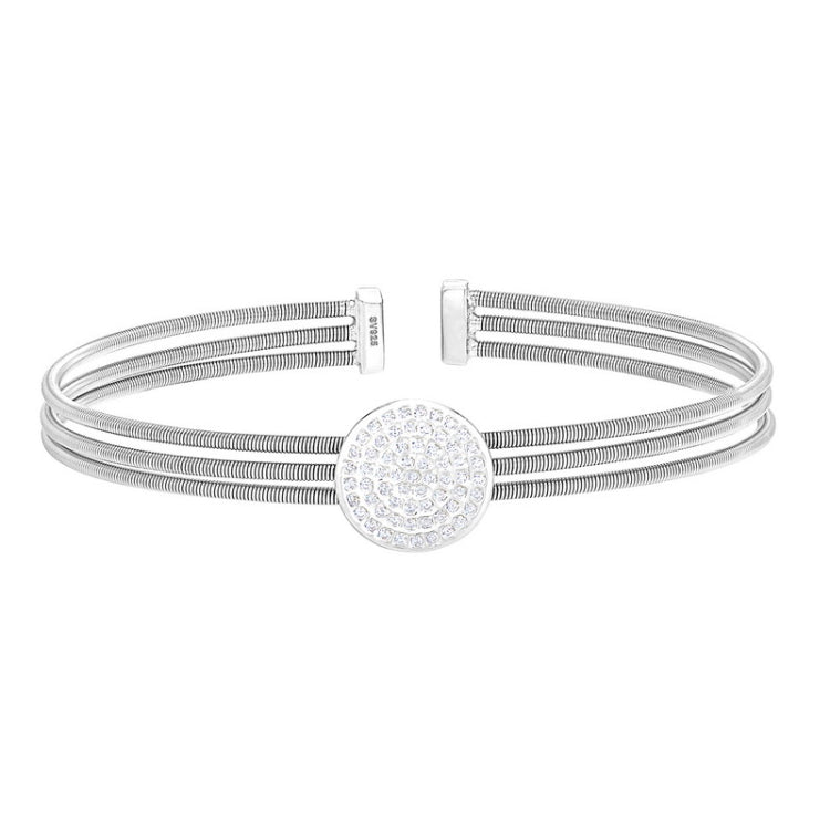 Rhodium Finish Sterling Silver Three Cable Cuff One Circle Bracelet with Simulated Diamonds