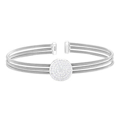 Rhodium Finish Sterling Silver Three Cable Cuff One Circle Bracelet with Simulated Diamonds
