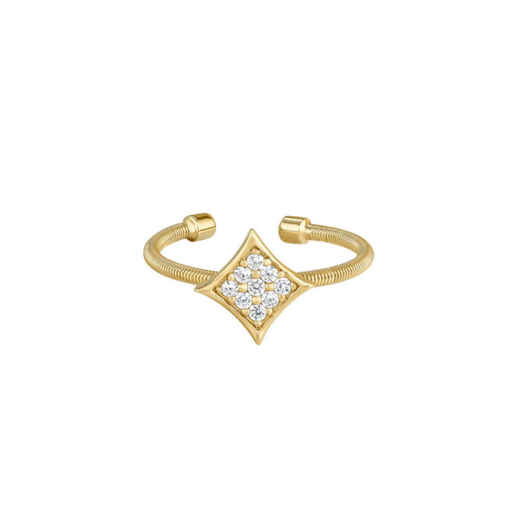 Gold Finish Sterling Silver Cable Cuff Diamond Shaped Ring with Simulated Diamonds