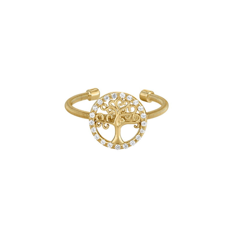 Gold Finish Sterling Silver Cable Cuff Tree Ring with Simulated Diamonds