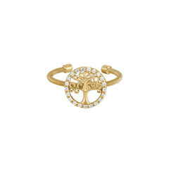 Gold Finish Sterling Silver Cable Cuff Tree Ring with Simulated Diamonds
