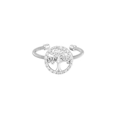 Rhodium Finish Sterling Silver Cable Cuff Tree Ring with Simulated Diamonds