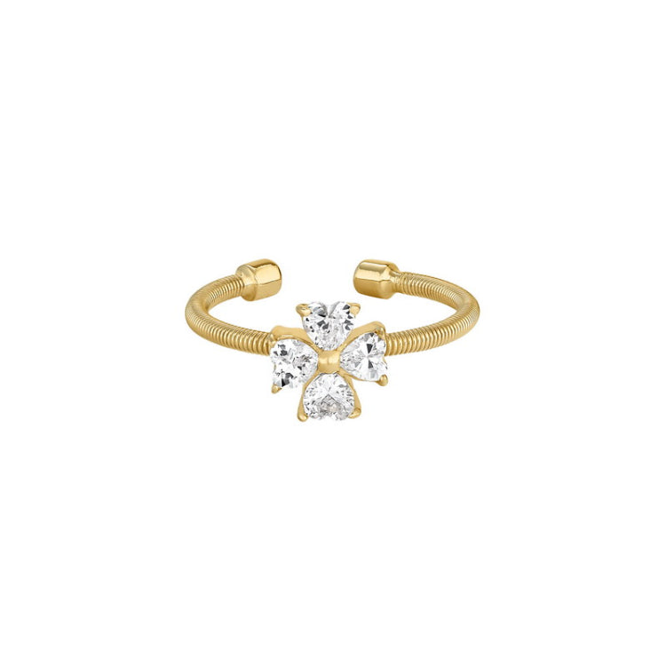 Gold Finish Sterling Silver Cable Cuff 4 Heart Shaped Stones Cross Ring with Simulated Diamonds