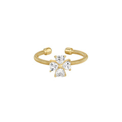Gold Finish Sterling Silver Cable Cuff 4 Heart Shaped Stones Cross Ring with Simulated Diamonds