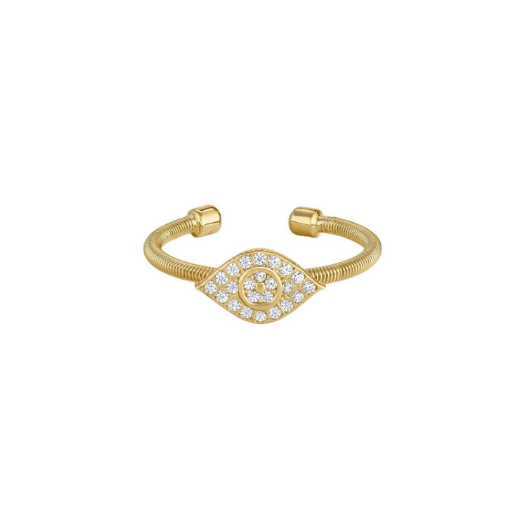 Gold Finish Sterling Silver Cable Cuff Evil Eye Ring with Simulated Diamonds