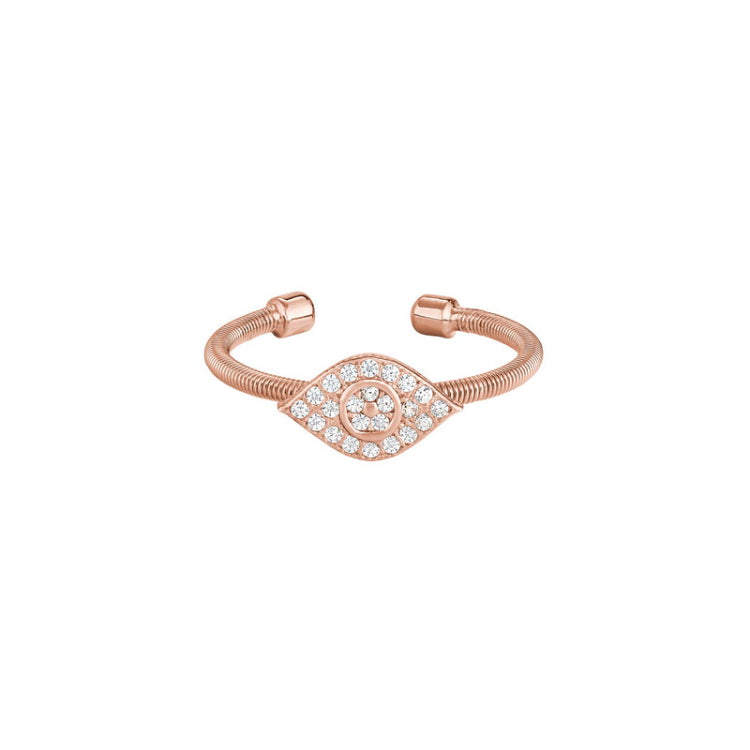 Rose Gold Finish Sterling Silver Cable Cuff Evil Eye Ring with Simulated Diamonds