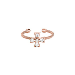 Rose Gold Finish Sterling Silver Cable Cuff 5 Stone Cross Ring with Simulated Diamonds