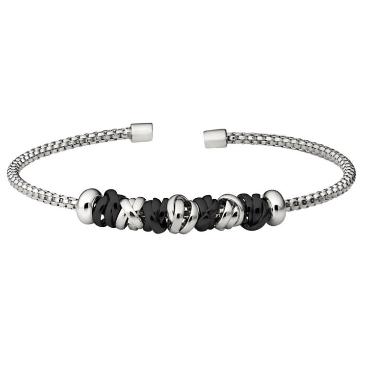 Rhodium finish sterling silver rounded box link cuff bracelet with rhodium and black rhodium finish interlocked rings