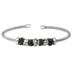 Rhodium finish sterling silver rounded box link cuff bracelet with rhodium and black rhodium finish interlocked rings